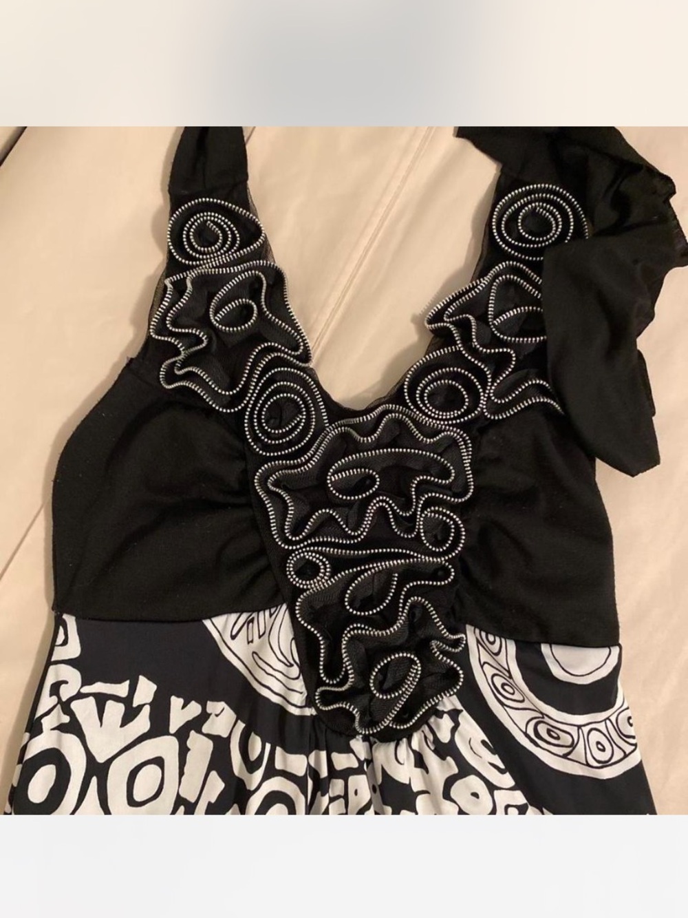 Vibe Black and White Halter Midi Dress with Swirl Embellishment